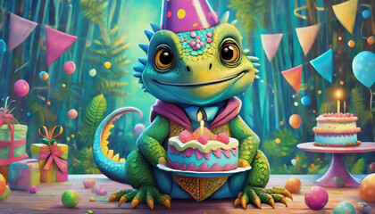 oil painting style cartoon character multicolored happy baby iguana with birthday cake, cartoon,