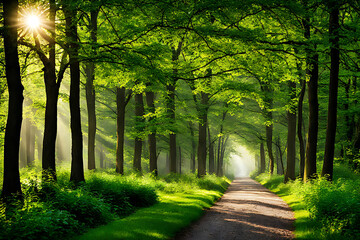 A sunlit path through a dense green forest with tall trees and lush foliage casting dappled shadows...