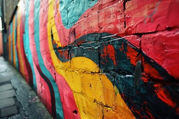 Fototapeta premium Vibrant strokes adorn the ancient wall, depicting the ceaseless motion of progress and the beauty found within hard work.