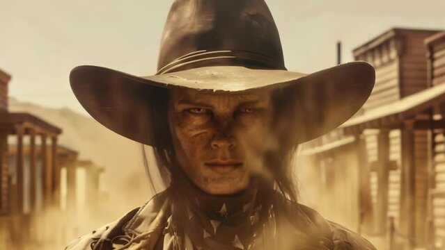 In a dusty Western town, a man in a black hat fixes a steely gaze. Clad in a leather coat and vest, he cuts an outlaw figure. 