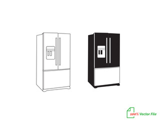 Refrigerator with two doors for food storage. Kitchen electrical equipment. Continuous line drawing. Linear illustration, isolated on white background. Fridge fill and line art vector.
