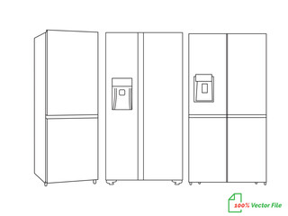 luxury two door refrigerator home appliance. Electricity kitchenware tools concept. Dynamic continuous line graphic draw design illustration.Vector Illustration.Isolated on White Background.