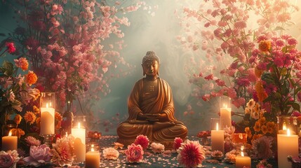 banner background Theravada New Year Day theme, and wide copy space, An artistic depiction of Lord Buddha in meditation, surrounded by flowers and candles,  - obrazy, fototapety, plakaty