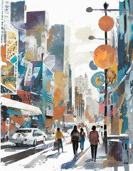 Colorful Abstract City drawing; cityscape with buildings and people silhouettes