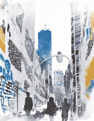 Abstract City illustration; cityscape with buildings and people silhouettes