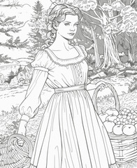 a girl in a dress holding a basket of apples