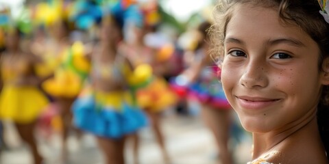 Portrait of a joyful girl at a vibrant Festa Junina celebration.