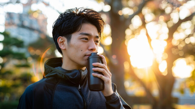 High-energy bootcamp workout in a city park, Japanese fitness enthusiast sipping UCC Black coffee during a short break, styled in bright, realistic morning light.
