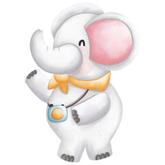 An elephant wearing a yellow scarf with a camera hanging around its neck