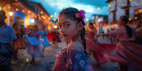 A young girl in traditional attire at a vibrant Festa Junina celebration with dancers in the...