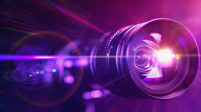 A camera lens with purple and blue light.