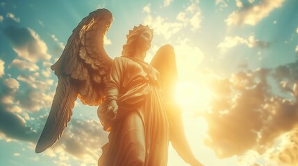 A statue of an angel in a celestial sky, portraying a gesture of peace and hope - obrazy, fototapety, plakaty