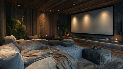 A snug media room with plush seating and a big screen, perfect for movie nights.