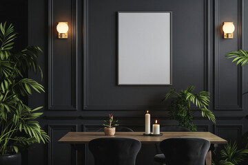 mockup of a vertical blank and small empty oak wall frame in a black tone dining room, plants, candles, soft and even lighting