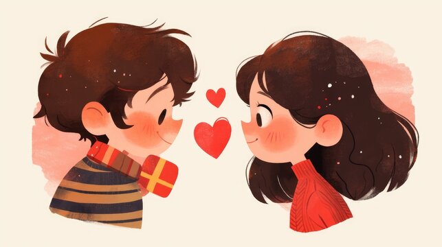 Happy Valentine s Day with 2d hand written lettering featuring a boy and a girl or a man and a woman depicted as little characters in a charming children s style