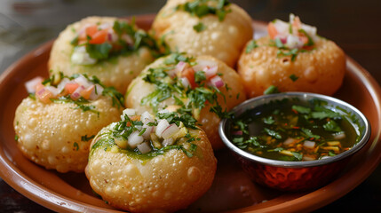 Pani puri (traditional Indian food) on the plate