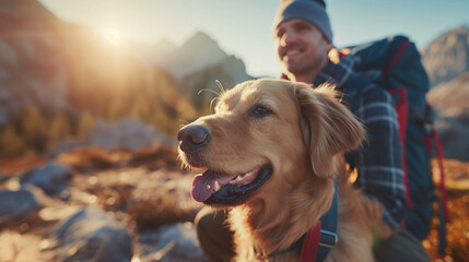 Close-up view of a young man with a backpack & a dog in a mountain background view. Hiking dog and man outdoor activities, travel with pet, campaign, nature concept. 