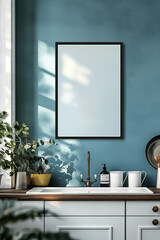 square black wooden poster frame. Soft pastel blue wall with a satin finish. Distressed white cabinets