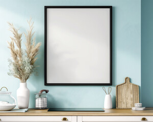 square black wooden poster frame. Soft pastel blue wall with a satin finish. Distressed white cabinets - obrazy, fototapety, plakaty