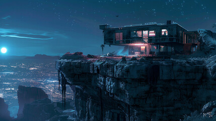 a three storey abandoned office block on a cliff in desert, night time, fantasy