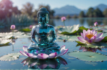 buddha in lotus position in the middle beautiful purple and white lotus waterlily pond with soft lighting and reflection