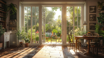 A sunlit breakfast room with a bistro table and French doors leading to a garden.