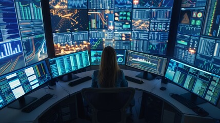 A woman sits in front of a computer monitor with many screens