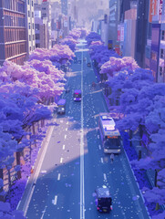 a city street filled with lots of purple trees