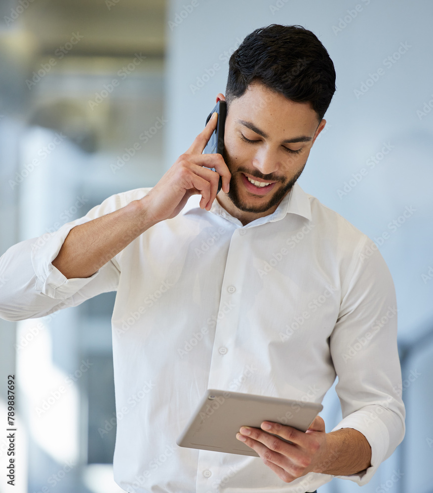 Poster phone call, smile and businessman with tablet in office speaking on mobile, business deal or network
