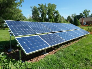 Solar panels on a grassy lawn.