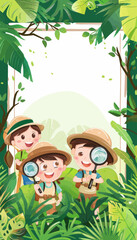 a group of kids in the jungle with a magnifying glass