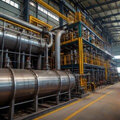 Industry pipeline transport petrochemical, gas and oil processing, furnace factory line, rack of heat chemical manufacturing, equipment steel pipes plant