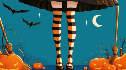 Halloween 2d illustration featuring witch legs adorned in striped stockings and vintage shoes