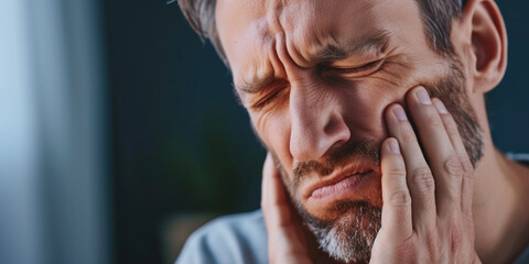 Adult man periodontal disease, cavities or jaw pain suffers acute toothache almost crying with pain ache. Senior Mature male pressing sore cheek