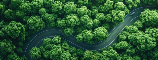 top view photo aerial green forest with road and car - Powered by Adobe