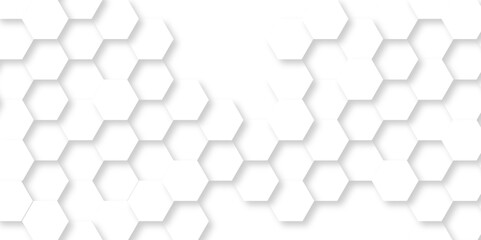 Abstract white background with hexagons pattern. White abstract vector wallpaper with hexagon grid. Technology Futuristic honeycomb emboss mosaic white background.