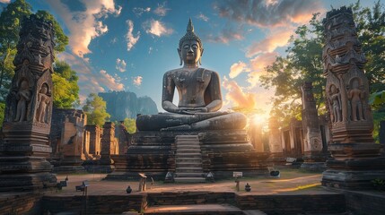 A Buddha statue in a tranquil temple ruins during a captivating sunset.