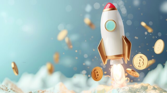 A 3D rendering of a rocket launching with flames coming from its boosters. The rocket is white with a red nose cone and has the Bitcoin symbol on its side. The rocket is ascending from a snowy mountai