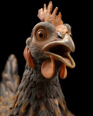 A realistic render of a chicken's face with its beak open and eyes wide in fear.