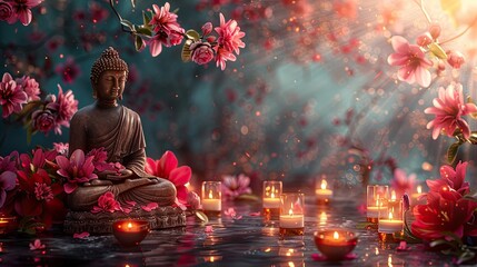 banner background Theravada New Year Day theme, and wide copy space, An artistic depiction of Lord Buddha in meditation, surrounded by flowers and candles, 