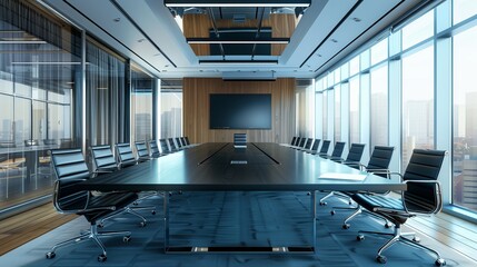 Fototapeta premium A large conference room with a long table and many chairs.