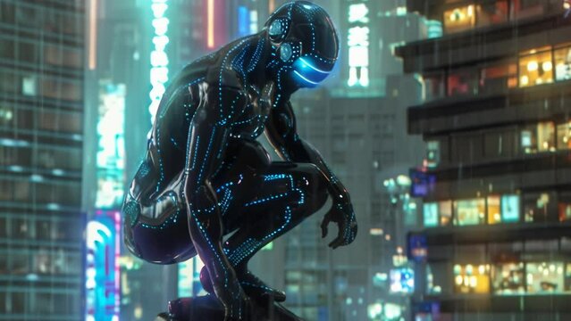 On a rooftop in a neon-lit future city stands a warrior clad entirely in a black cyber suit. Complex mechanical apparatus envelops their body, as if human and machine have merged. 