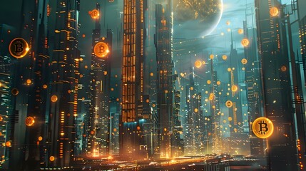 Obraz premium Wealth in the Digital Age: A Detailed Illustration of Cryptocurrency and Futuristic Cityscape