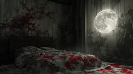 An eerie atmosphere permeates the night as the moon casts an ominous light on a bedroom adorned with a striking gray and red floral bedspread, its intricate patterns seeming to twist and contort in th