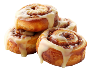 Glazed cinnamon roll topped with pekan nuts isolated on transparent background