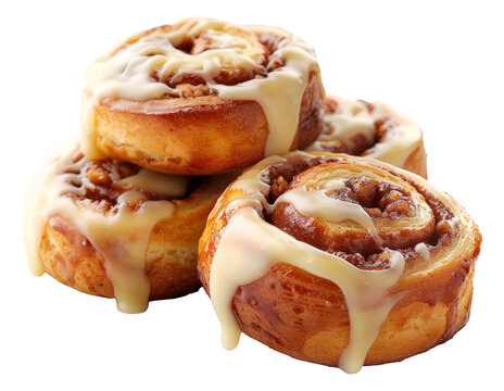 Glazed cinnamon roll topped with pekan nuts isolated on transparent background