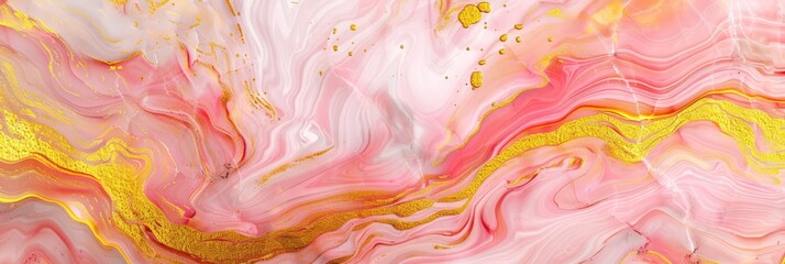 Epoxy resin texture with yellow, gold and pink background. Banner Abstract marble waves coloured with crushed gold. Executed in the style of liquid art - obrazy, fototapety, plakaty