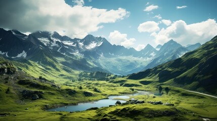 Landscape of rugged mountain peaks piercing the clouds, with lush green valleys - Powered by Adobe