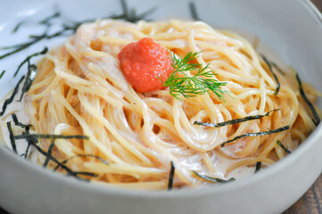 pasta or spaghetti, mentaiko cream sauce spaghetti or mentaiko cream sauce pasta