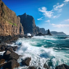 Fototapeta na wymiar ocean, with waves crashing against the rugged coastline under a clear blue sky.